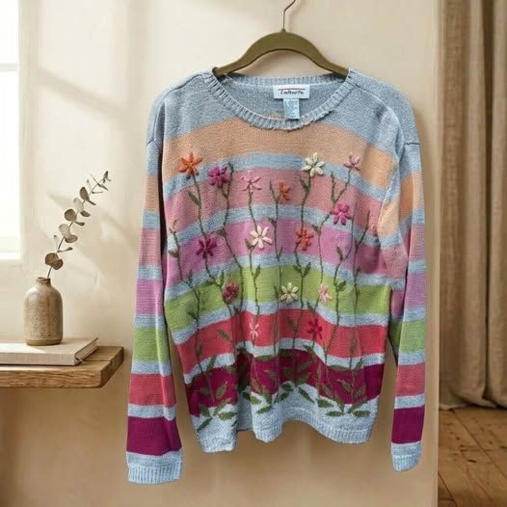 Vintage Talbots Size L Striped Floral Embroidered Knit Sweater